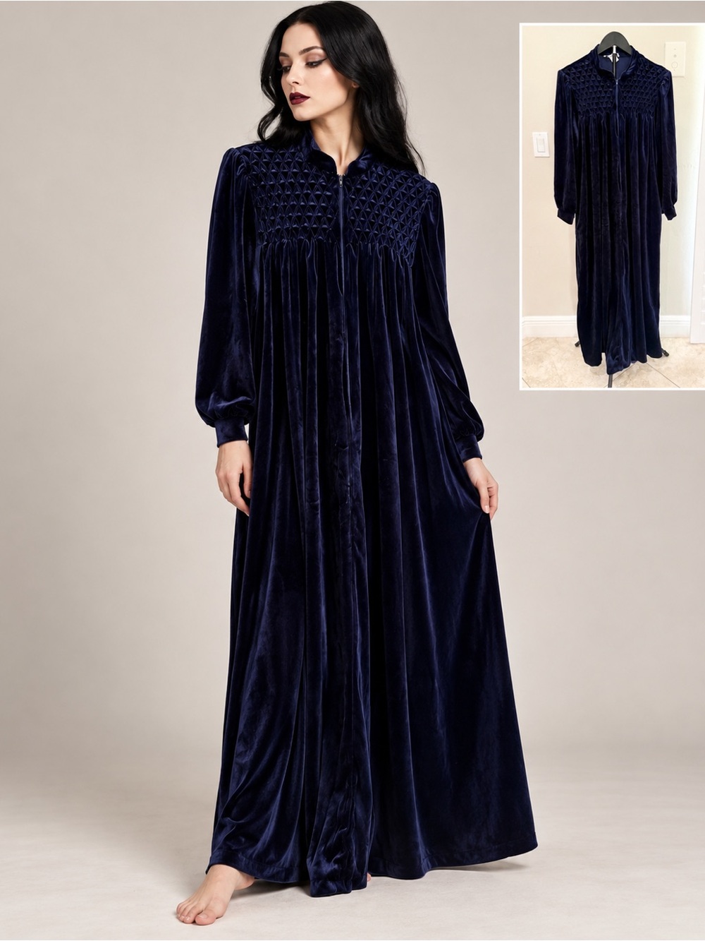 Vintage 70s Saybury Navy Velvet Velour Maxi Dress Retro Goth